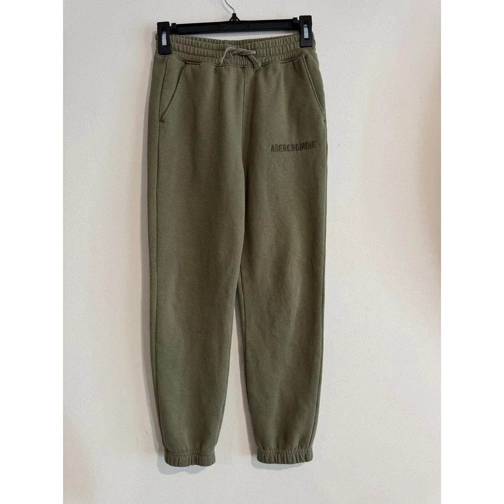 Abercrombie Kids Logo Jogger Sweatpants Boys 9/10 Olive Green Fleece Lined